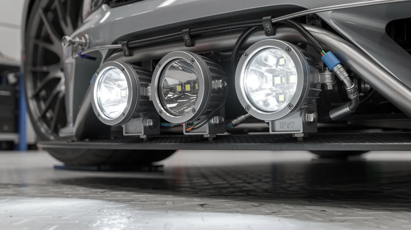 ECE-godkendte LED arbejdslys med IP67-klassificering monteret på racerkøretøj – professionel monteringsløsning til rally og track days på danske baner
