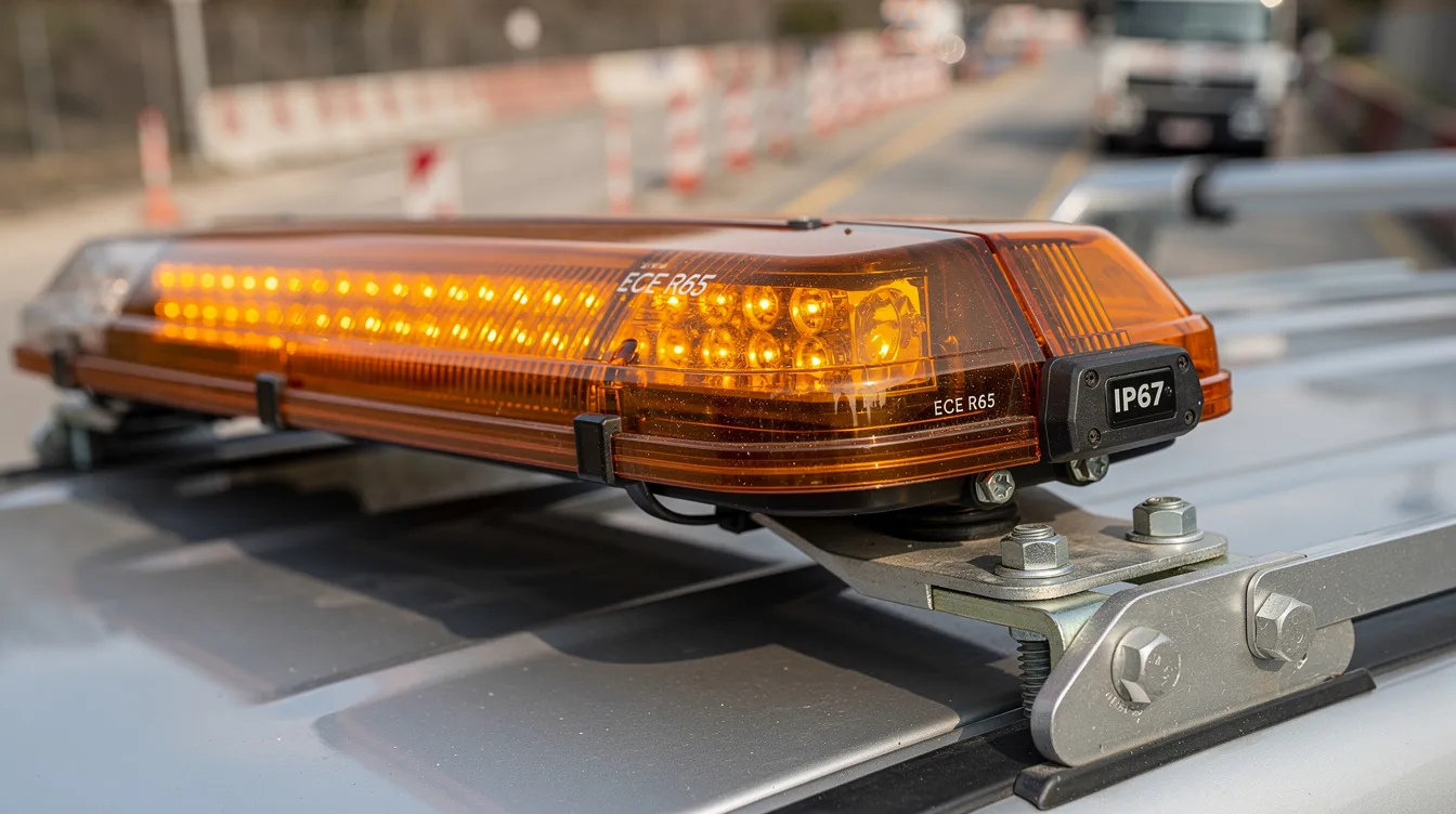 Nærbillede af ECE R65-godkendt IP67 LED advarselslys med synlig godkendelsesmærkning monteret på erhvervskøretøj – korrekt montering ifølge dansk lovgivning