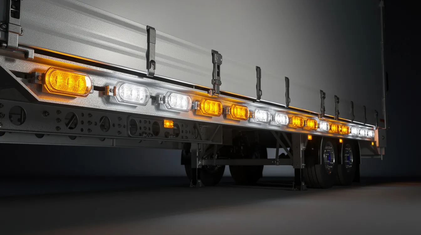 ECE R7 og R91 godkendte LED markeringslys korrekt placeret på blokvogn og specialtransport trailer – lovpligtig belysning til brede køretøjer