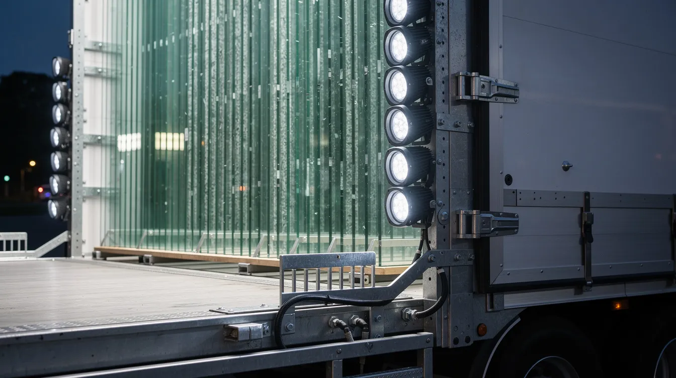 IP67-klassificerede LED arbejdslys monteret på glasvogn og belyser A-ramme med glasplader i optimale belysningszoner til sikker inspektion og håndtering