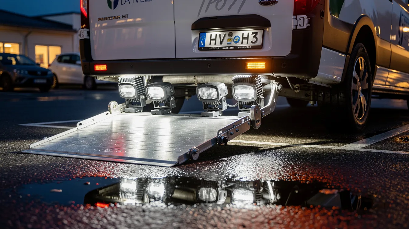 IP67-klassificeret LED arbejdslys under specialindrettet plejetransportkøretøj belyser lavløfter og rampeområde med fokuseret hvidt LED-lys