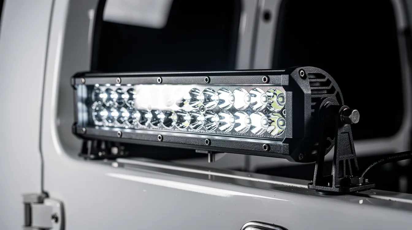 IP67-klassificeret LED arbejdslys og lygtebar monteret på beredskabskøretøj – godkendt lysløsning til ambulancer og redningskøretøjer i Danmark