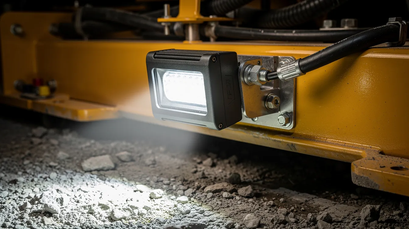 IP67-klassificeret LED arbejdslys med 1.500 lumen monteret på entreprenørmaskine – robust montering til byggeplads og natarbejde