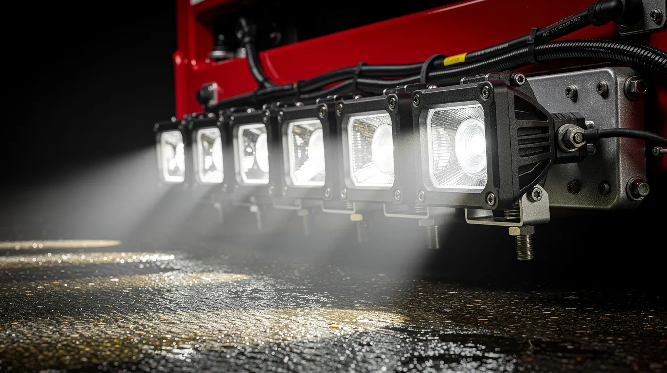 IP67-klassificerede LED arbejdslys monteret på redningskøretøj — robuste LED-moduler med aluminiumshus og ECE R10-godkendelse til brandbiler og specialkøretøjer i Danmark