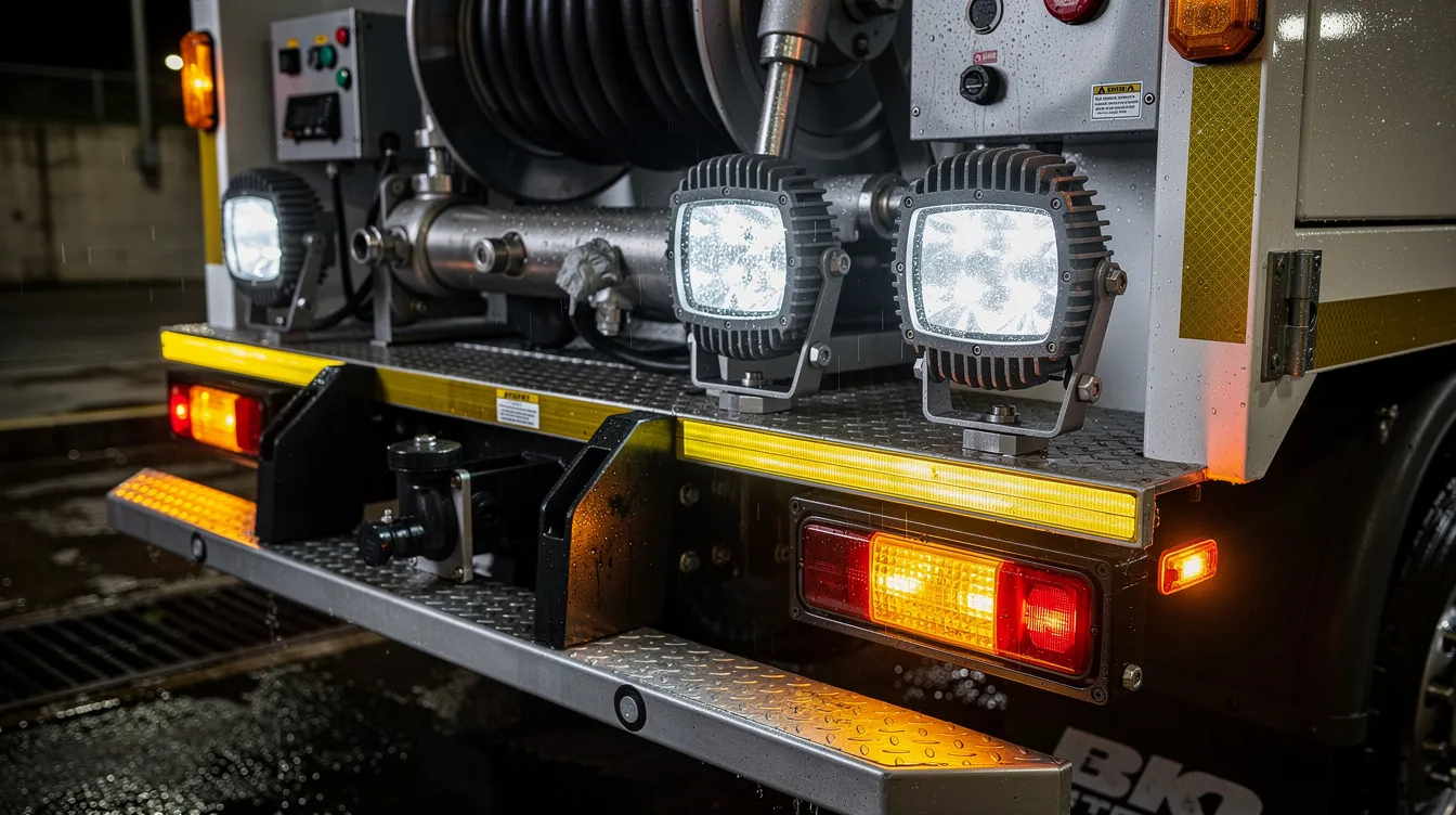 IP67-klassificerede LED arbejdslys monteret på spildevandskøretøj med 6000K farvetemperatur og gule advarselslys til kloakoperationer