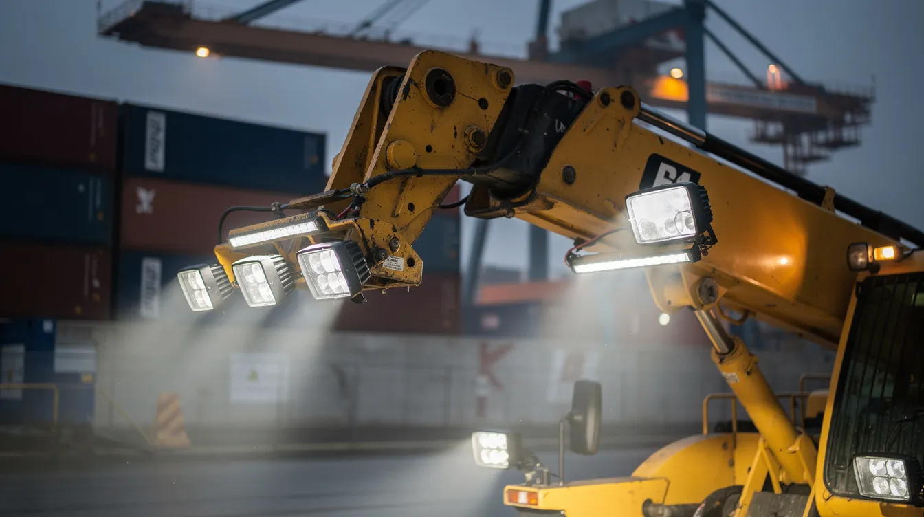 IP67-klassificerede LED arbejdslys monteret på teleskoplæsser i dansk havn – 5000K farvetemperatur og robust montering til krævende havne- og byggepladsforhold