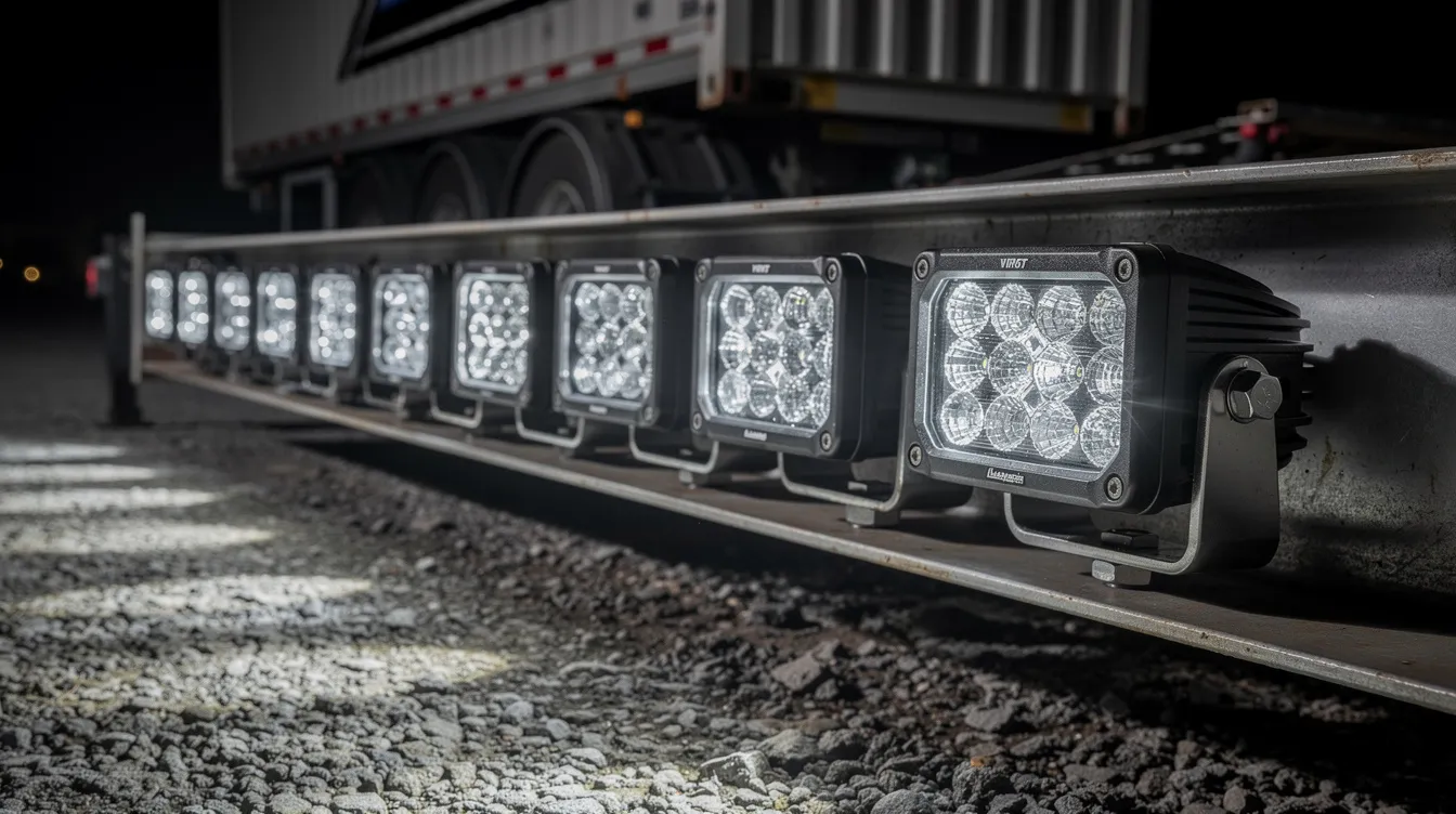 IP67-klassificeret LED arbejdslys monteret på sideramme af erhvervstrailer – robust aluminiumshus og bredt floodnedlys til sikker arbejdsbelysning ved opstilling og nedtagning på danske veje