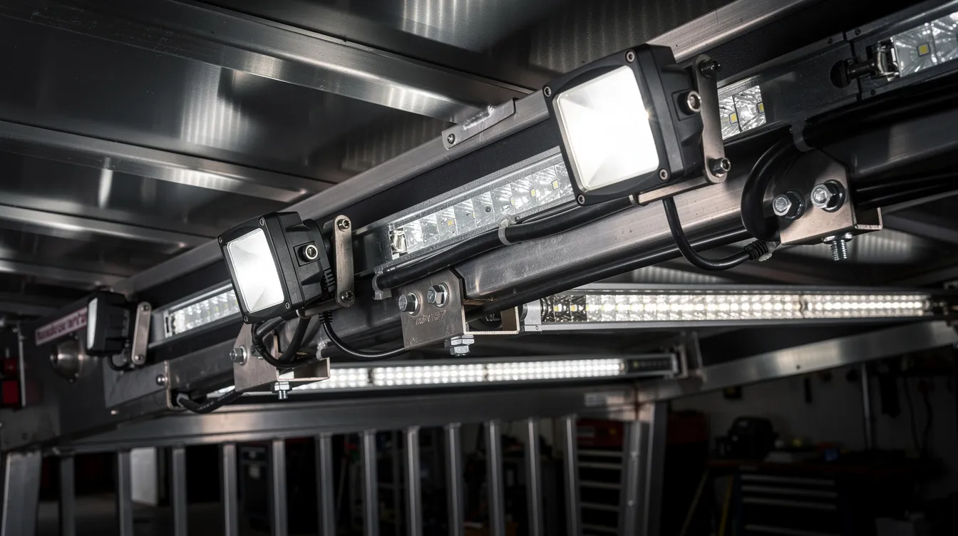 IP67-klassificeret LED arbejdslys monteret i hestetrailer – robuste LED-arbejdslygter til indvendig belysning af trailer med vandtæt montering og stålbeslag