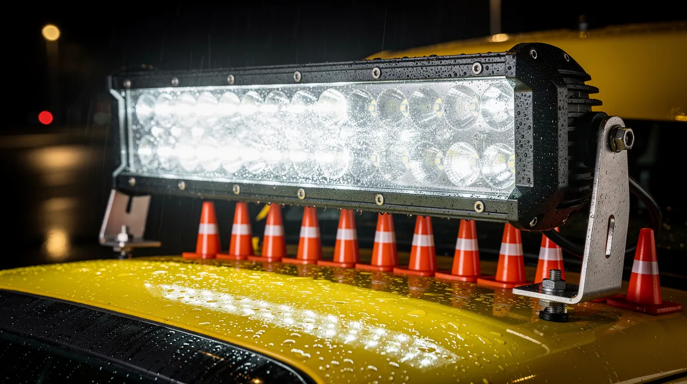 IP67-klassificeret LED arbejdslys monteret bag på vejhjælpskøretøj – 5000K farvetemperatur og høj lumenoutput til professionel brug på danske veje