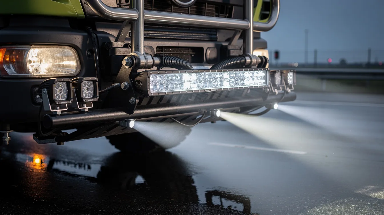 IP67-klassificerede LED arbejdslys med 5000-6000K farvetemperatur til vejvedligeholdelseskøretøjer - professionel montering og optimal belysningszone til sikker dansk natdrift
