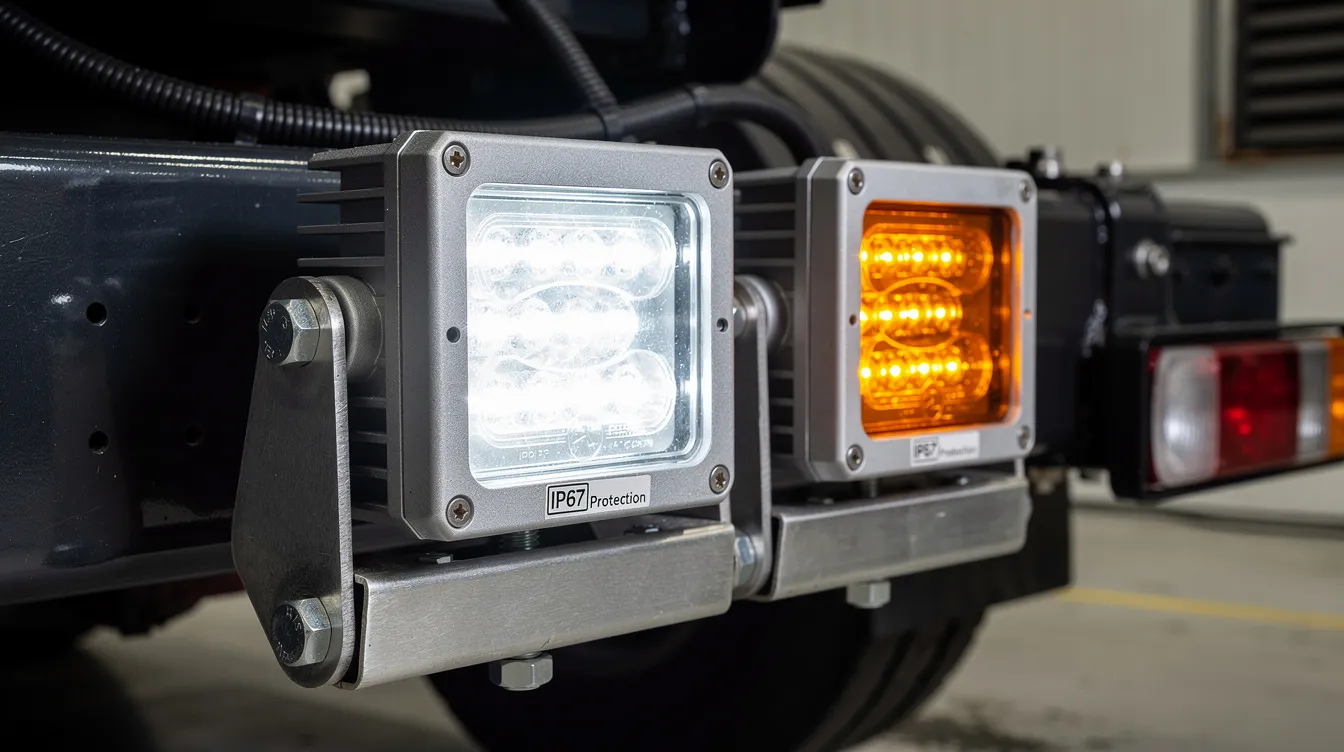 IP67-klassificeret LED nødbelysning og backup-lys til erhvervskøretøjer – korrekt montering på lastbilschassis med godkendt CE-mærket udstyr