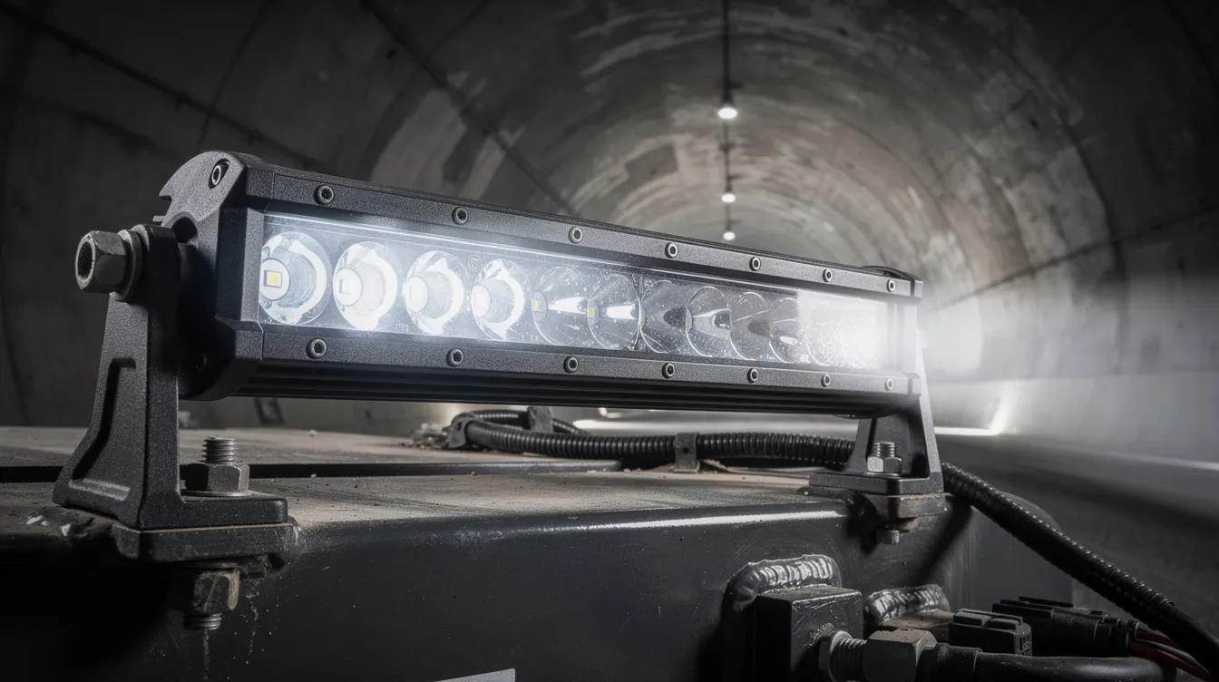 IP69K-klassificeret LED arbejdslysbar til anlægskøretøjer i tunnelbyggeri – optimal farvetemperatur på 5.000K og høj lumenoutput til sikker drift i mørke miljøer