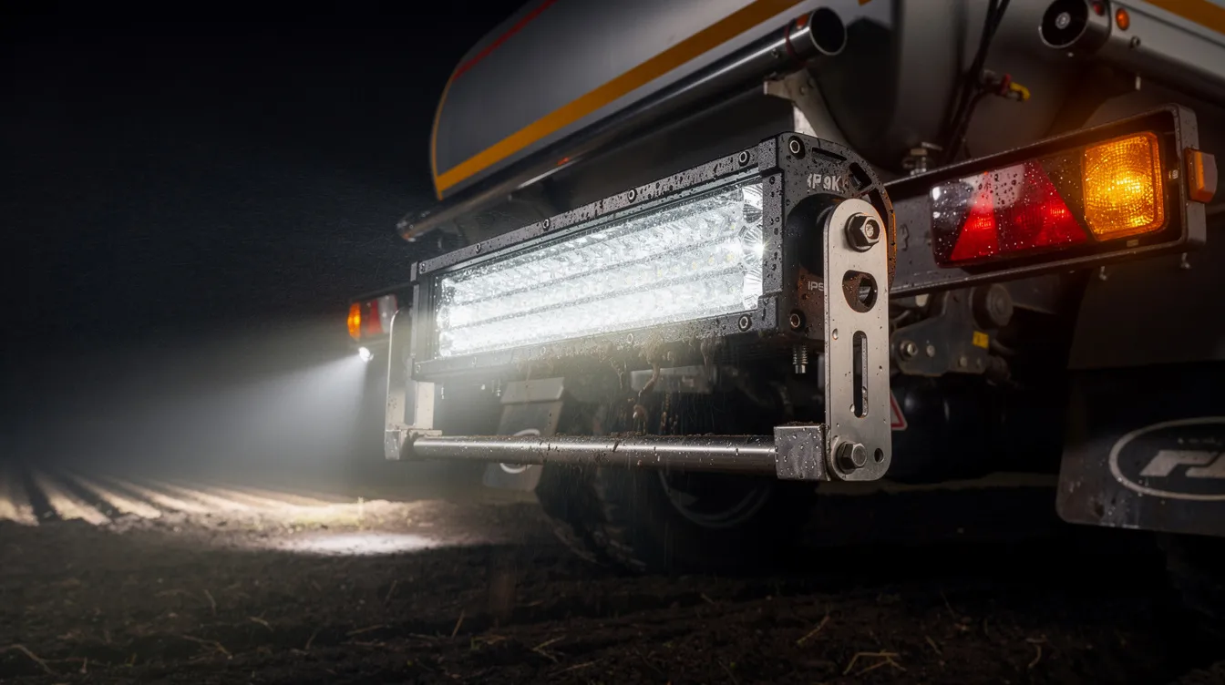 IP69K-klassificeret LED arbejdslys monteret på bagside af gyllevogn – belyser spredearealet ved natdrift og opfylder danske krav til belysningszoner på landbrugsmaskiner