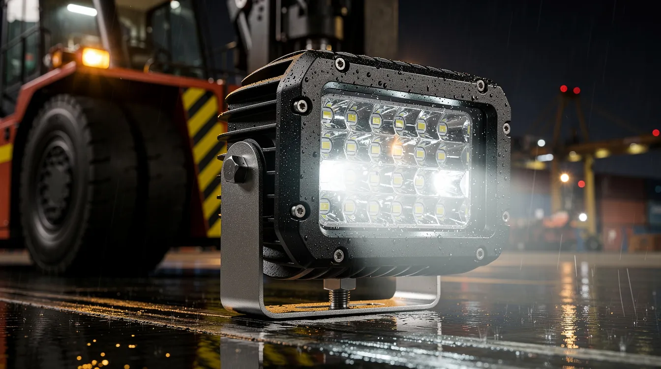 IP69K LED arbejdslys til reach stackers og terminaltrucks – vibrationssikker montering og høj lumen-output til godshåndtering på danske havneterminaler