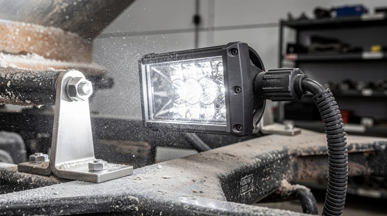 IP69K-klassificeret LED arbejdslys til saltsprederkøretøj med robust montering og vandtæt tilslutning - specialdesignet til saltvandsspray og ekstreme vinterforhold