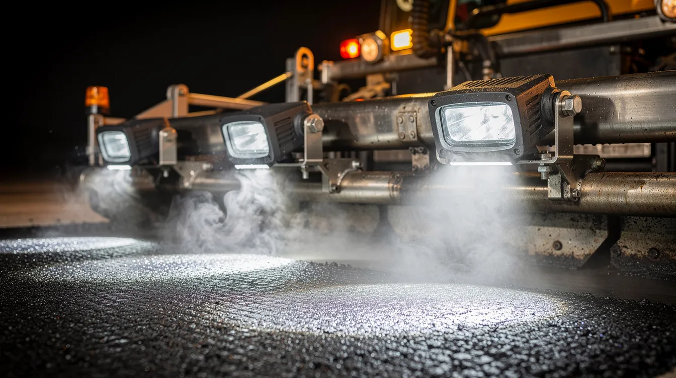 IP69K LED arbejdslys i fire belysningszoner på asfaltmaskine – temperaturresistente LED lys til bitumenmiljø ved vejbelægningsarbejde om natten