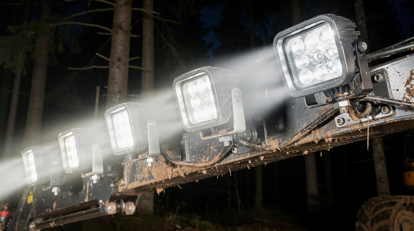 IP69K-klassificeret LED arbejdslys i multiple belysningszoner på skovbrugsmaskine – optimal lysfordeling til sikker skovdrift og natarbejde i Danmark