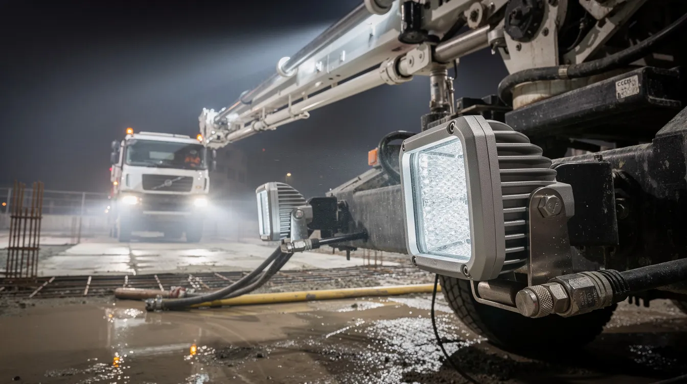 IP69K-klassificeret LED arbejdslys på pumpertruck bom med optimal 5000K farvetemperatur til betonudlægning på byggepladser i Danmark