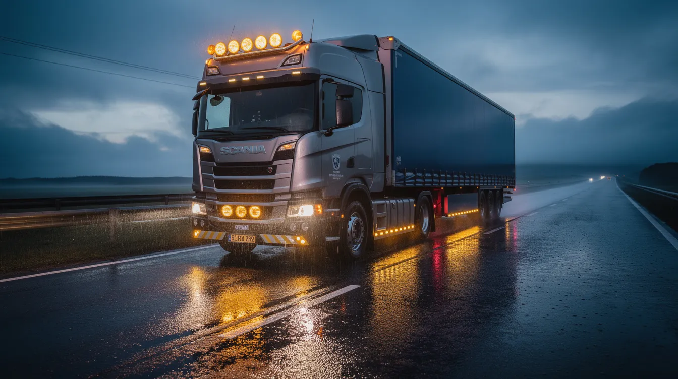 ECE R65-godkendt LED advarselslys monteret på dansk lastbil – lovpligtig amber blinklys til erhvervskøretøjer på danske veje