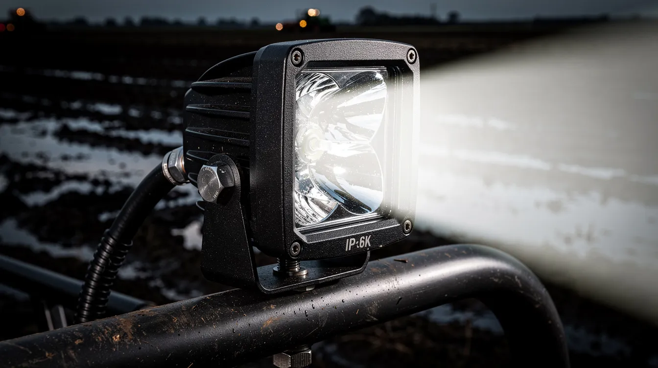 Nærbillede af IP69K-klassificeret LED arbejdslygte monteret på traktor – robust aluminiumshus og vandtæt konstruktion til landbrugsbrug