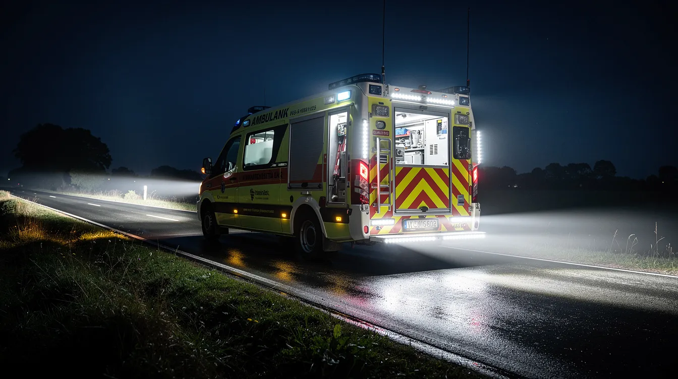 LED arbejdslys monteret på ambulance på mørk dansk landevej om natten – 6000K hvidt lys til patientbehandling og sikker indsats på ulykkesstedet