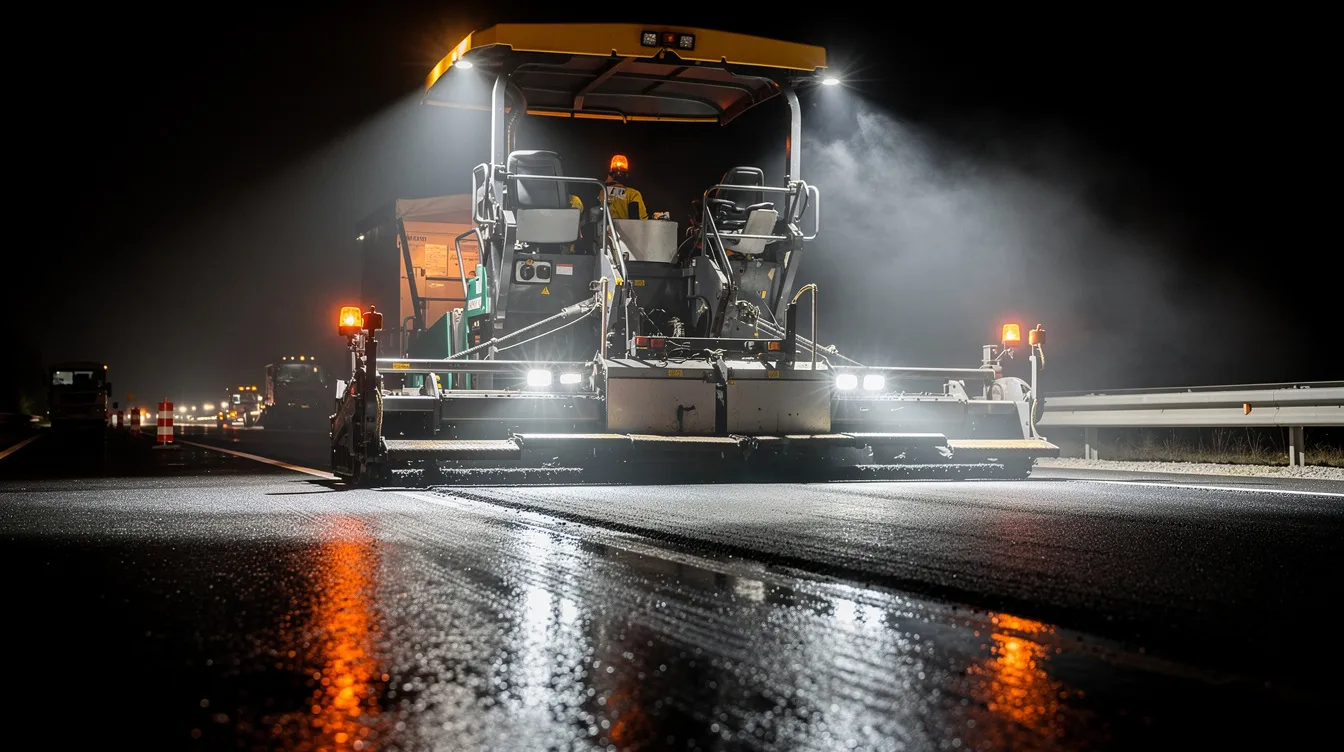 LED arbejdslys monteret på asfaltmaskine under vejarbejde om natten på dansk motorvej – IP69K godkendt belysning til professionelt anlægsarbejde