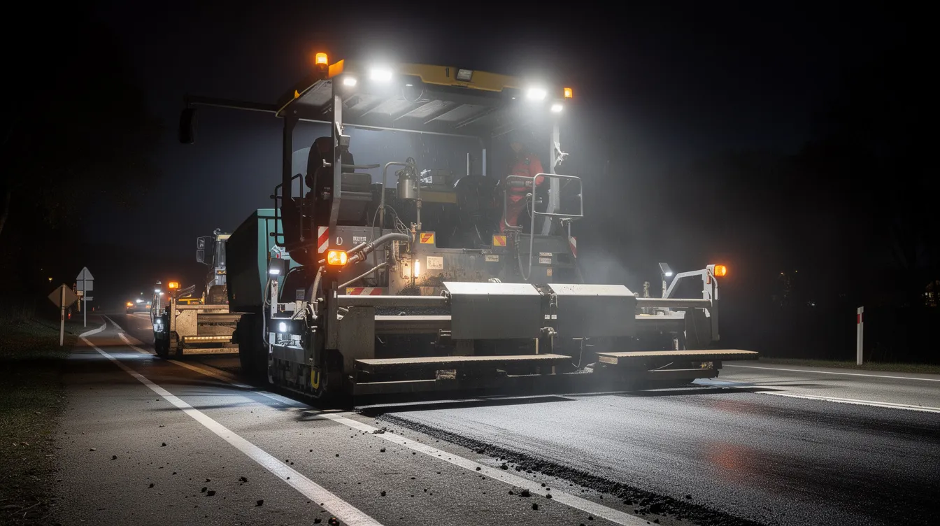 LED arbejdslys monteret på asfaltudlægger under natbelægning på dansk vej – IP69K godkendte arbejdslys med 6000K farvetemperatur til sikker vejrenovering