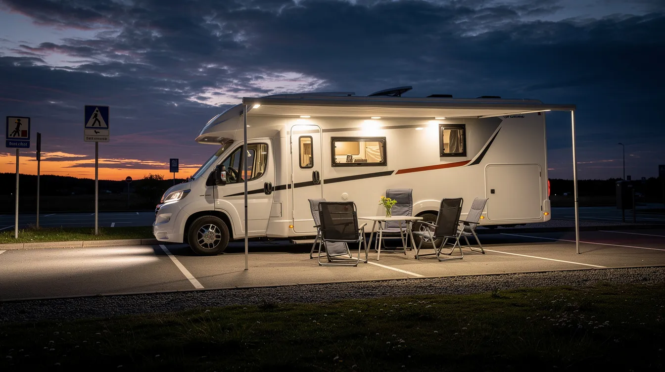 LED arbejdslys monteret på autocamper ved dansk rasteplads - IP67-klassificerede LED-lamper belyser markise og indgangszone med 4000K farvetemperatur