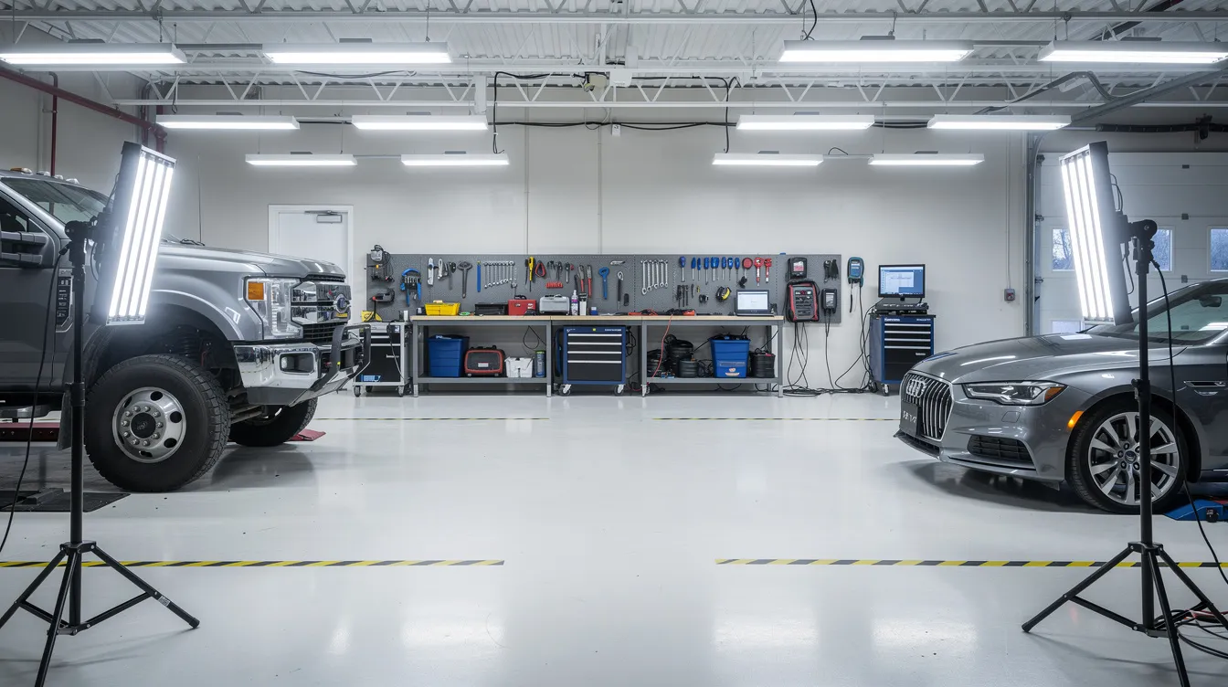 Professionelt autoværksted med LED arbejdslys i 5000K farvetemperatur monteret over lastbil og personbil i inspektionszoner – optimal belysning til sikker diagnosticering og reparation