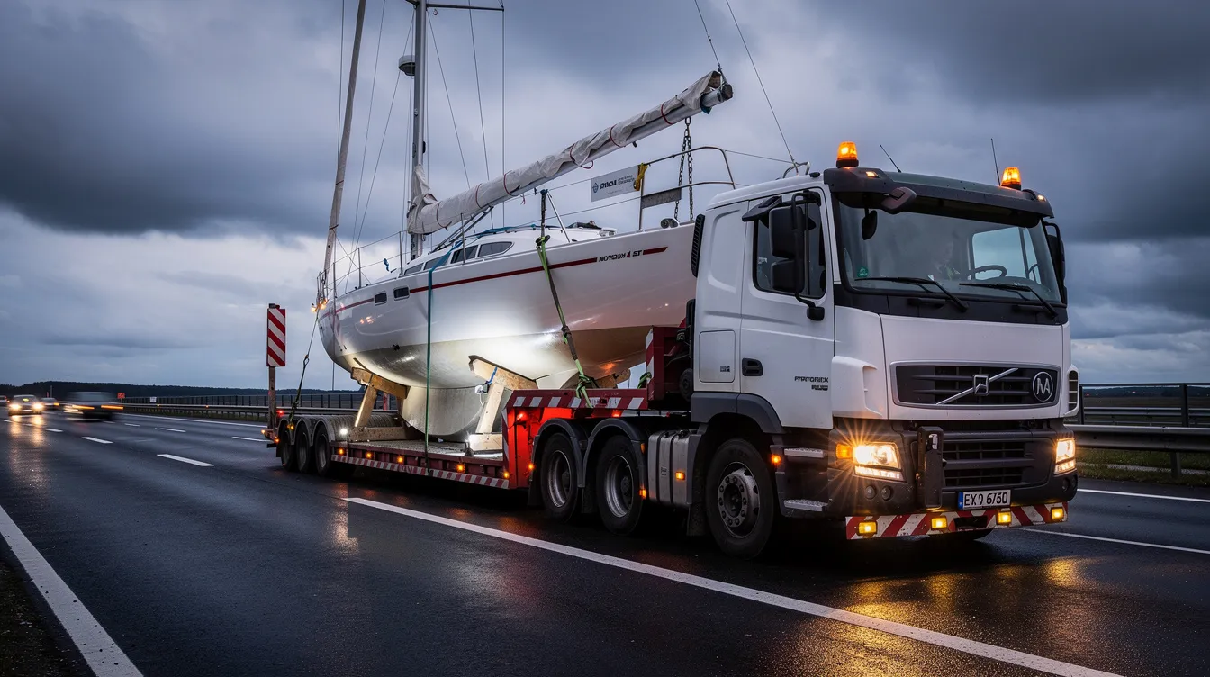 LED arbejdslys og advarselslys monteret på lastbil med bådtransport på dansk vej – sikker belysning af bredt læs med IP68-godkendte LED lysløsninger