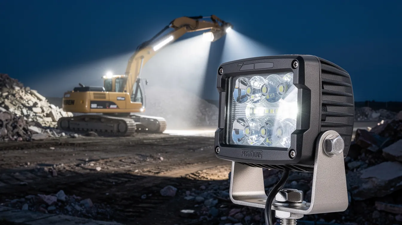 Oversigt over LED arbejdslys belysningszoner på gravkø til demoleringsarbejde – front, bag og sidezoner med vibrationsresistente LED løsninger