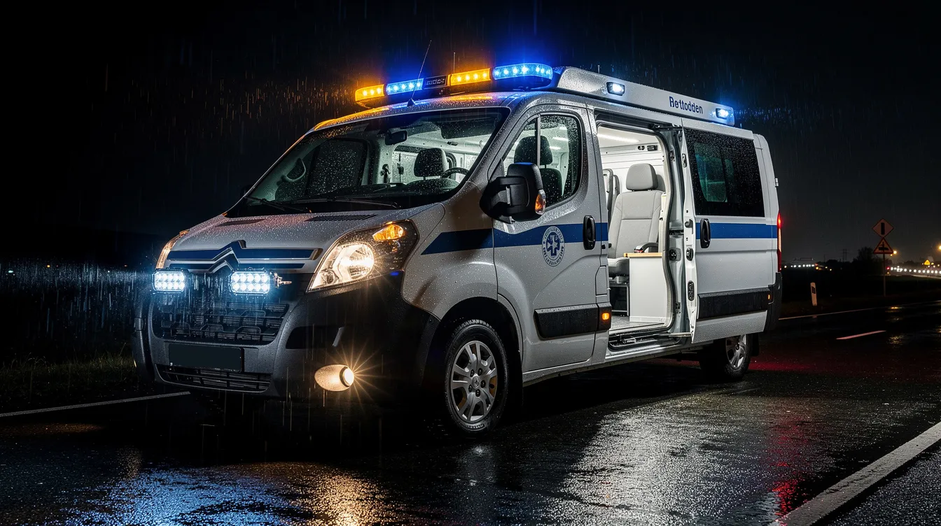 LED arbejdslys monteret på blodbil til organdonationstransport på danske veje – IP67-klassificeret belysning med advarselslys og høj lumenoutput