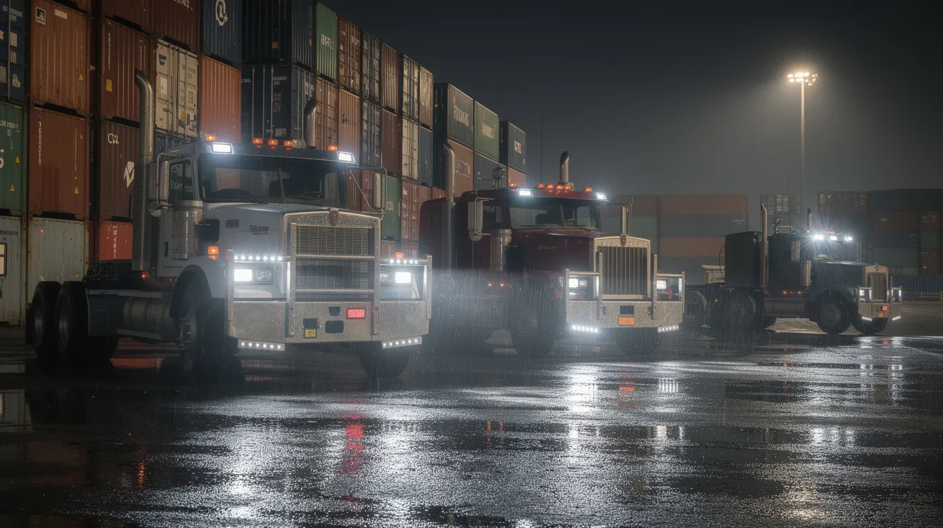 LED arbejdslys monteret på lastbil og terminaltraktor ved dansk containerterminal om natten – 6000K arbejdslys til godshåndtering og rangering