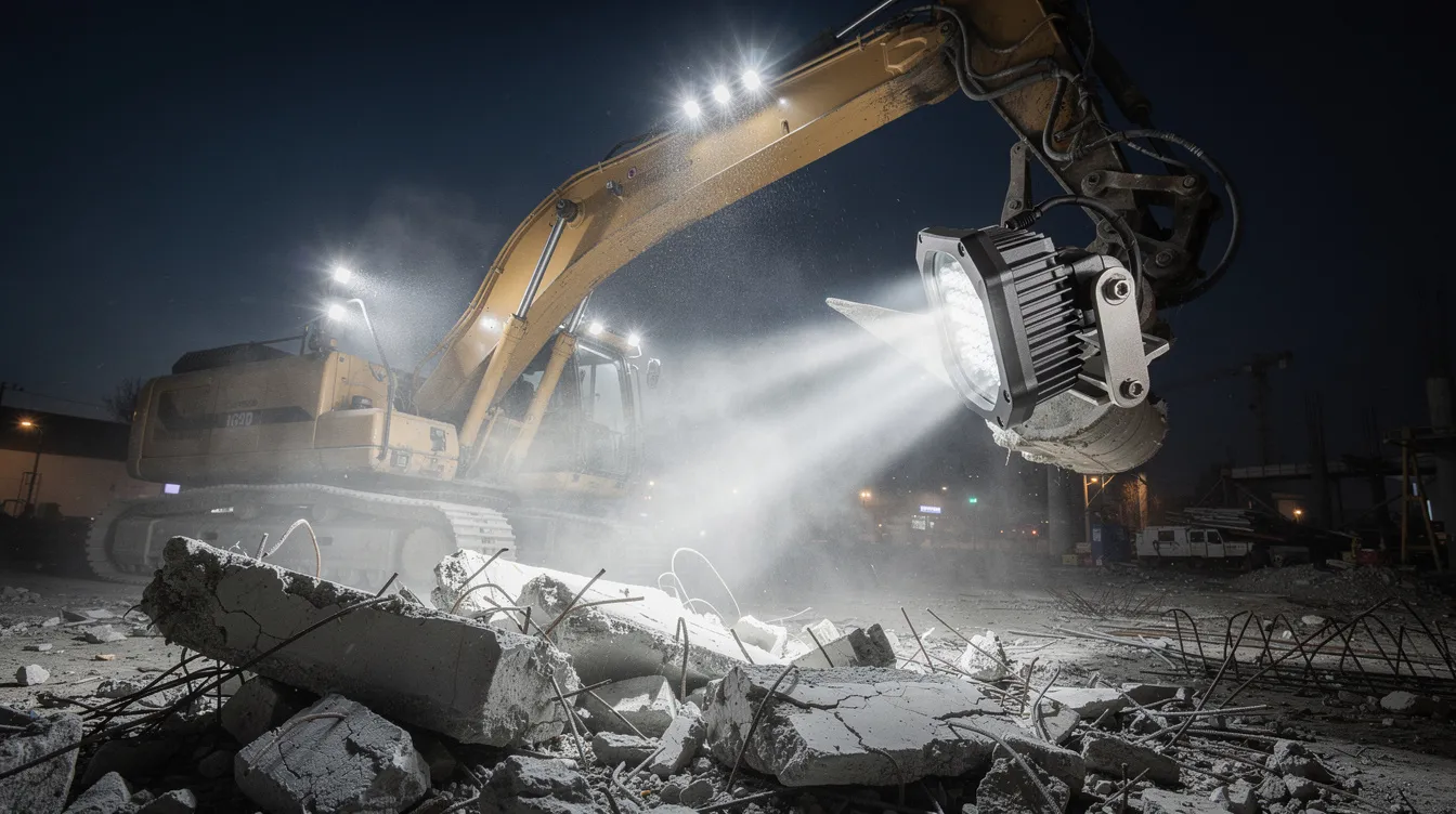LED arbejdslys monteret på demoleringsmaskine med IP69K-klassificering til sikker drift på nedbrydningsplads i Danmark