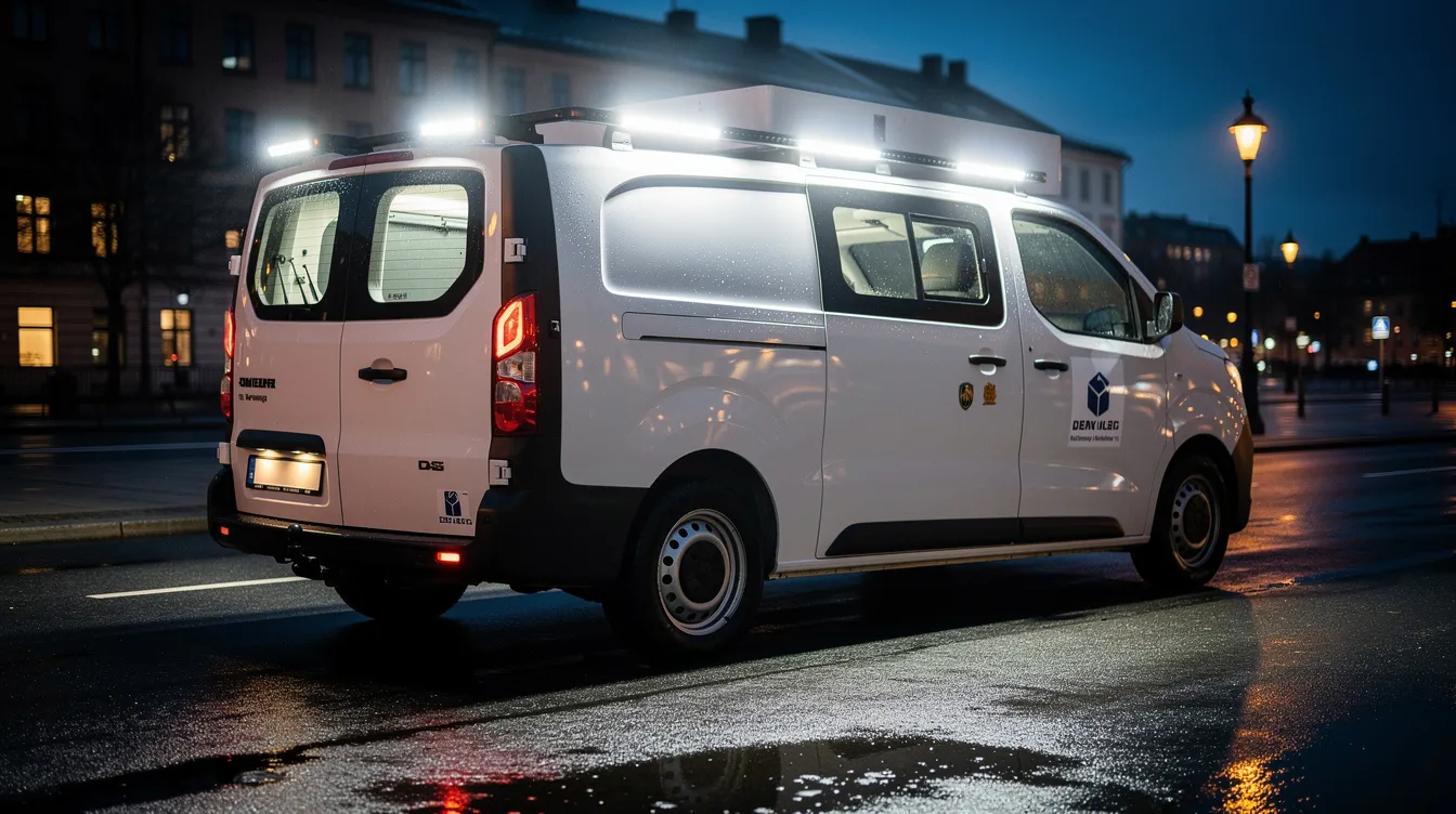 LED arbejdslys monteret på distributionsvarebil ved tidlig morgenkørsel i Danmark – belyser aflæsningszone med 5500K neutral hvidt LED lys