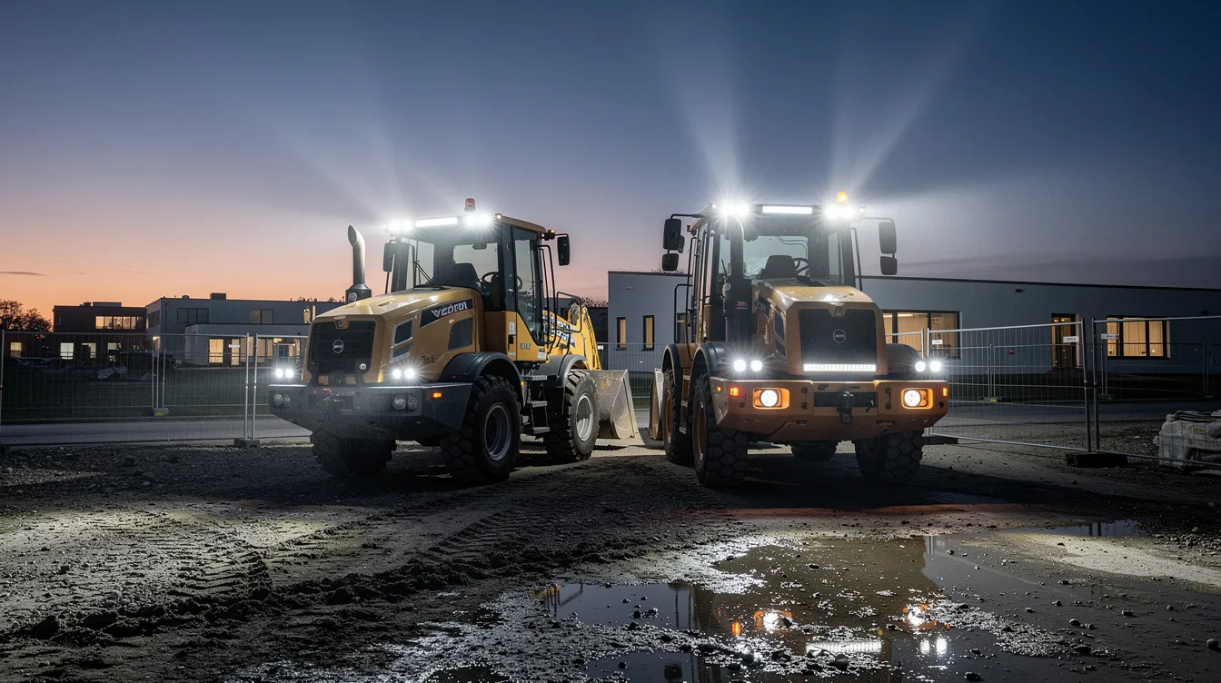 LED arbejdslys monteret på entreprenørmaskiner på dansk byggeplads – IP67-klassificerede arbejdslys med høj lumen til gravemaskiner og læssemaskiner