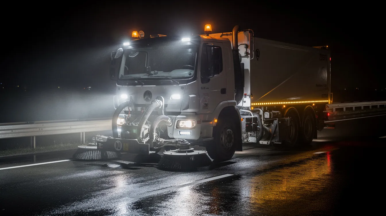 LED arbejdslys monteret på professionel fejemaskine til natdrift på dansk vej - IP67 klassificeret belysning med tre separate belysningszoner