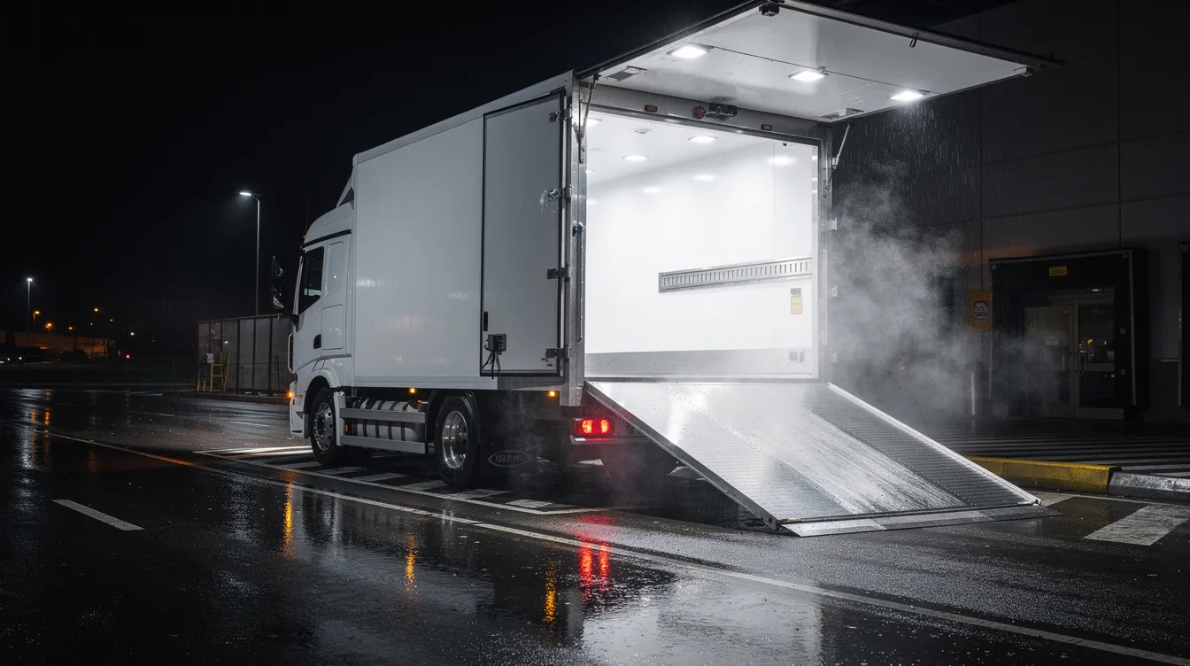 LED arbejdslys monteret på frysekøretøj ved natlevering til supermarked – belysning af lastrum, rampe og arbejdszone med IP69K-klassificerede LED-lys