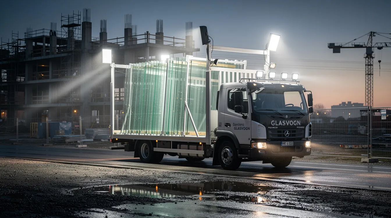 LED arbejdslys monteret på glasvogn til sikker håndtering og transport af store glasplader på dansk byggeplads om aftenen