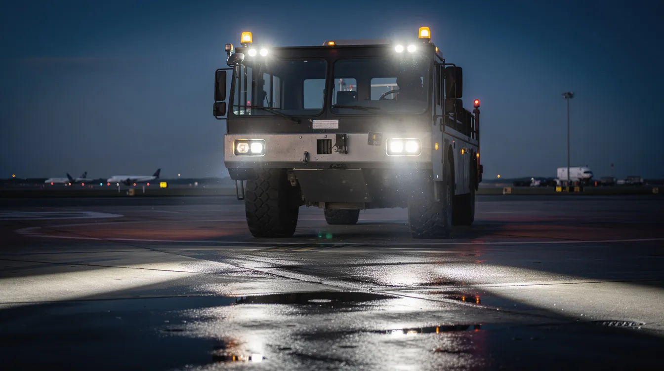 LED arbejdslys monteret på Ground Support Equipment køretøj ved lufthavn - høj lumen IP69K arbejdslys til apron-operationer i Danmark
