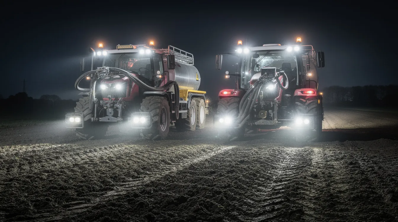 LED arbejdslys monteret på gyllevogn og gødningsspreder til sikker markdrift om natten – IP69K-klassificerede LED arbejdslys med 5.000+ lumen belysning af alle arbejdszoner
