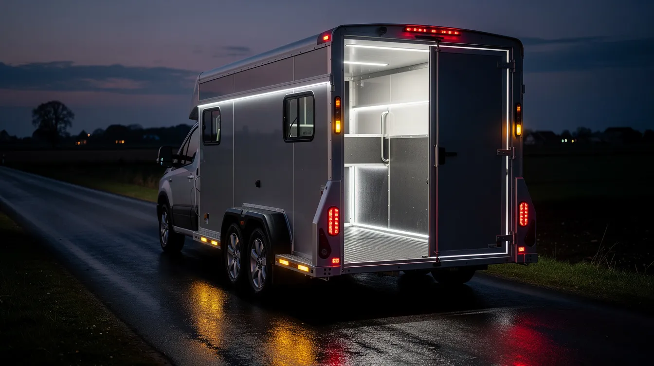 LED arbejdslys monteret i og på hestetrailer på dansk vej – IP67-klassificeret trailer belysning med 5000K farvetemperatur til sikker transport