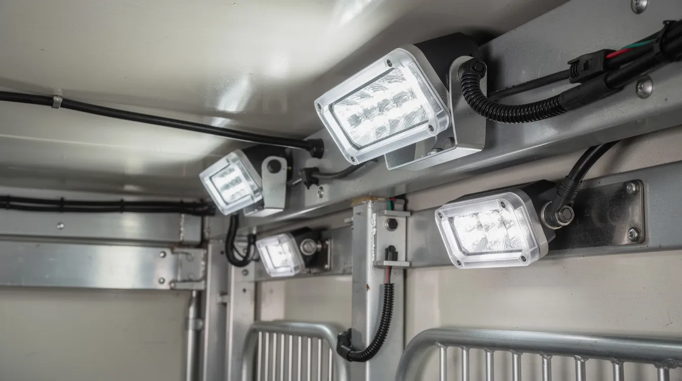 IP67-klassificerede LED arbejdslys i lastrum på husdyrkøretøj – ensartet belysning til inspektion og håndtering af dyr i henhold til EU-forordning 1/2005