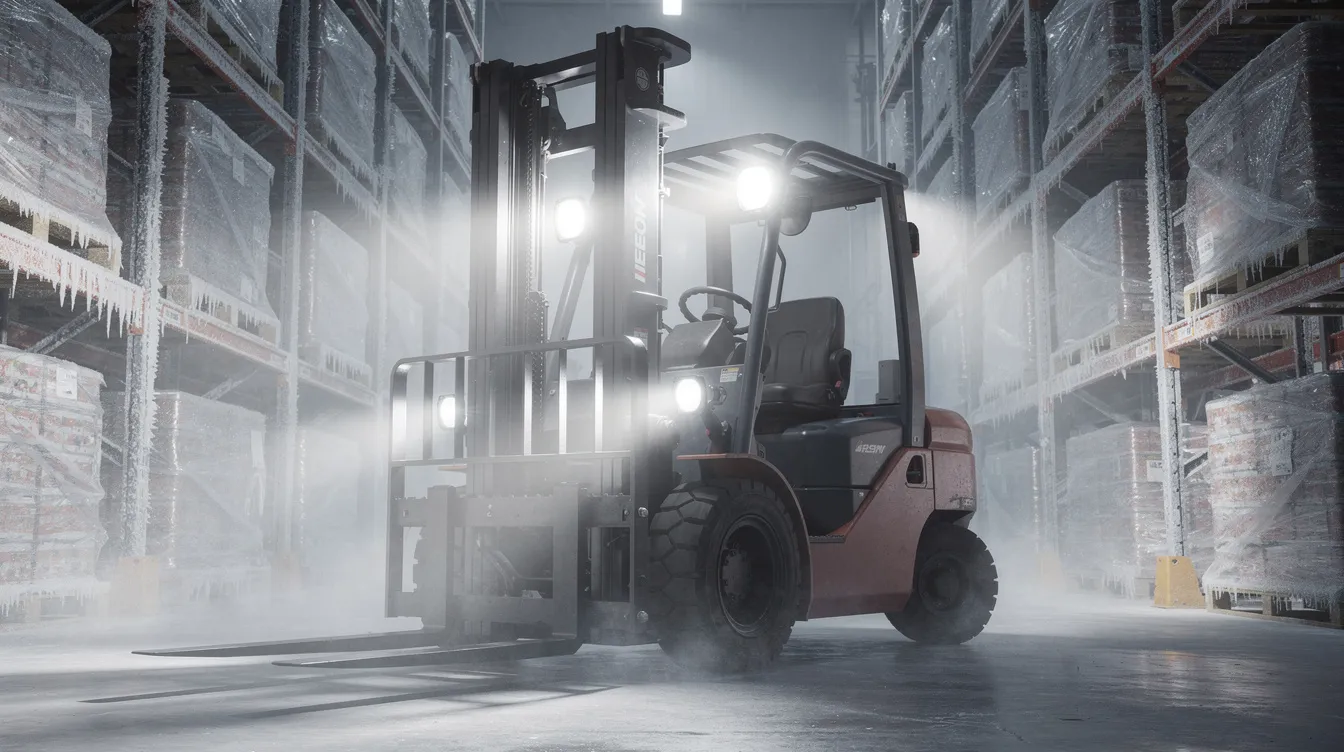 LED arbejdslys med IP69K-klassificering monteret på gaffeltruck i industrielt fryselager ved -30°C – kuldestabilt arbejdslys til kødindustrien i Danmark