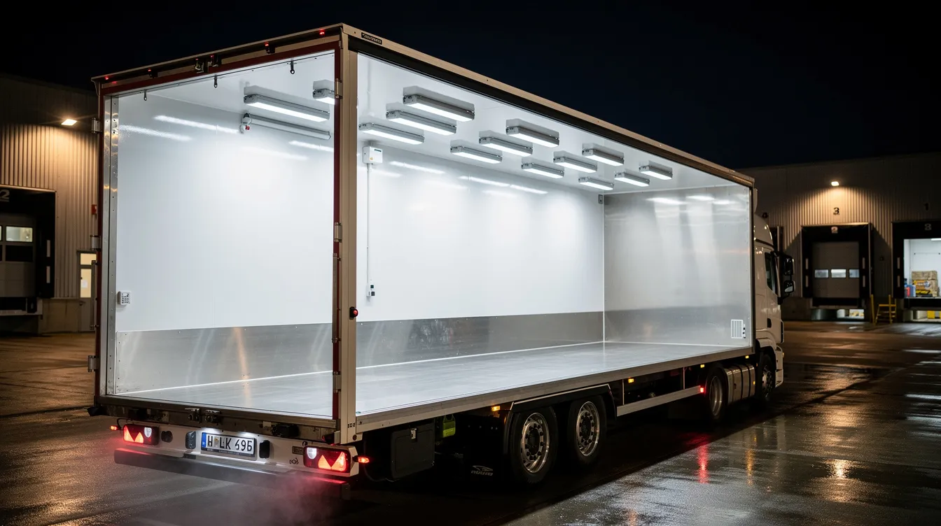 IP69K-klassificeret LED arbejdslys monteret i kølelastbil kølekasse – vandtæt og kulderesistent til -40°C til professionel transport