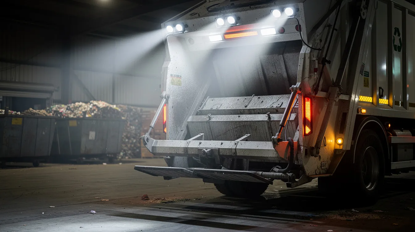LED arbejdslys og advarselslys på komprimeringsbil – optimal belysning til sikker sortering og drift på dansk genbrugsplads om natten