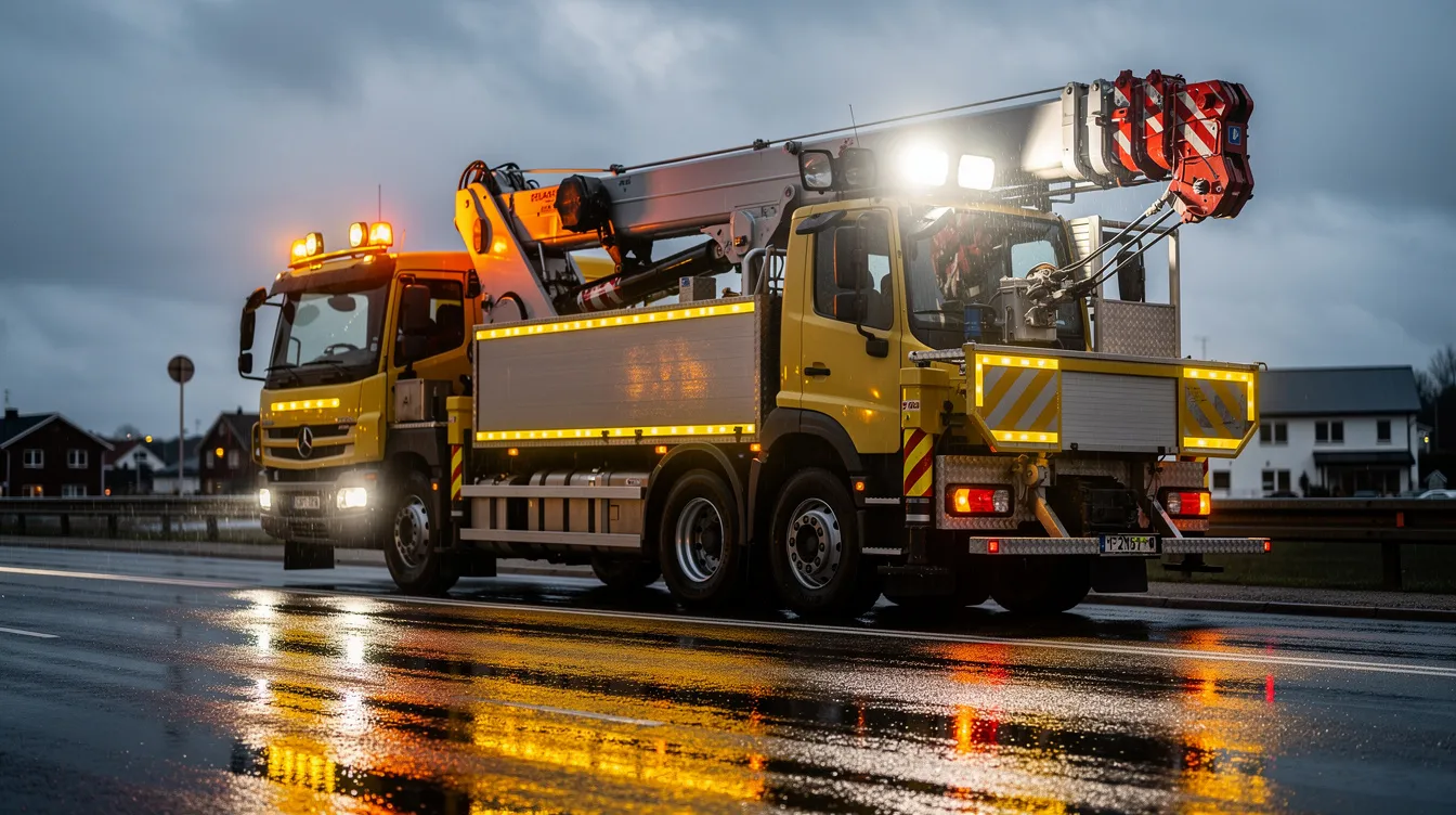 LED arbejdslys og advarselslys monteret på kranvogn på dansk vej – IP69K godkendt belysning med 270° synlighed til specialtransport