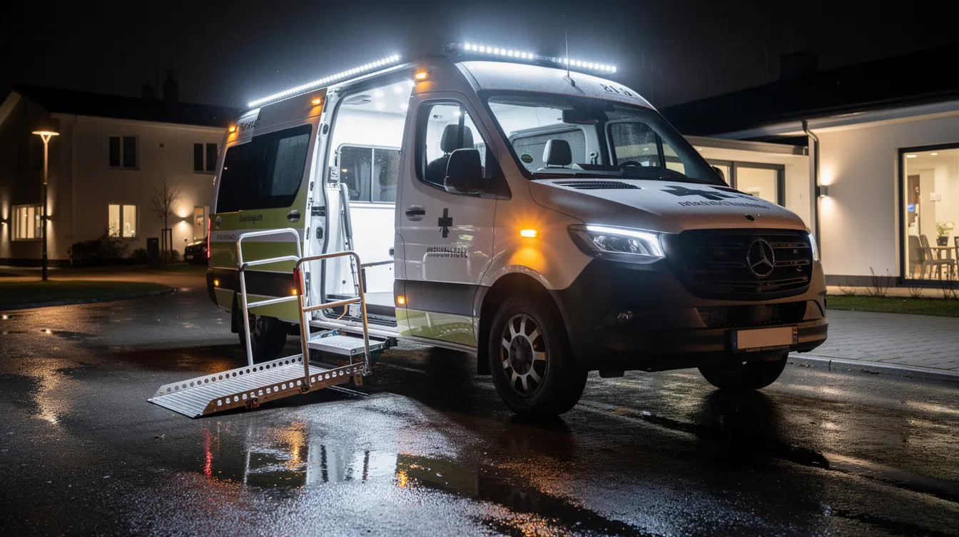 LED arbejdslys monteret på lavløfter og plejehjemskøretøj, der belyser lift-platform og indstigninszone ved nattetid med 6000K hvidt lys