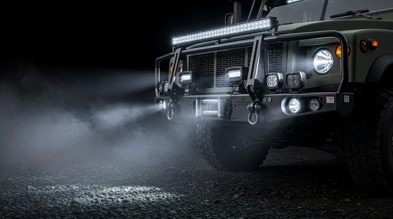 LED lygtebar og arbejdslys monteret på militær lastbil med IP69K klassificering og MIL-STD-810 vibrationsfasthed – optimalt til Hjemmeværnets køretøjer ved øvelser og beredskabsoperationer
