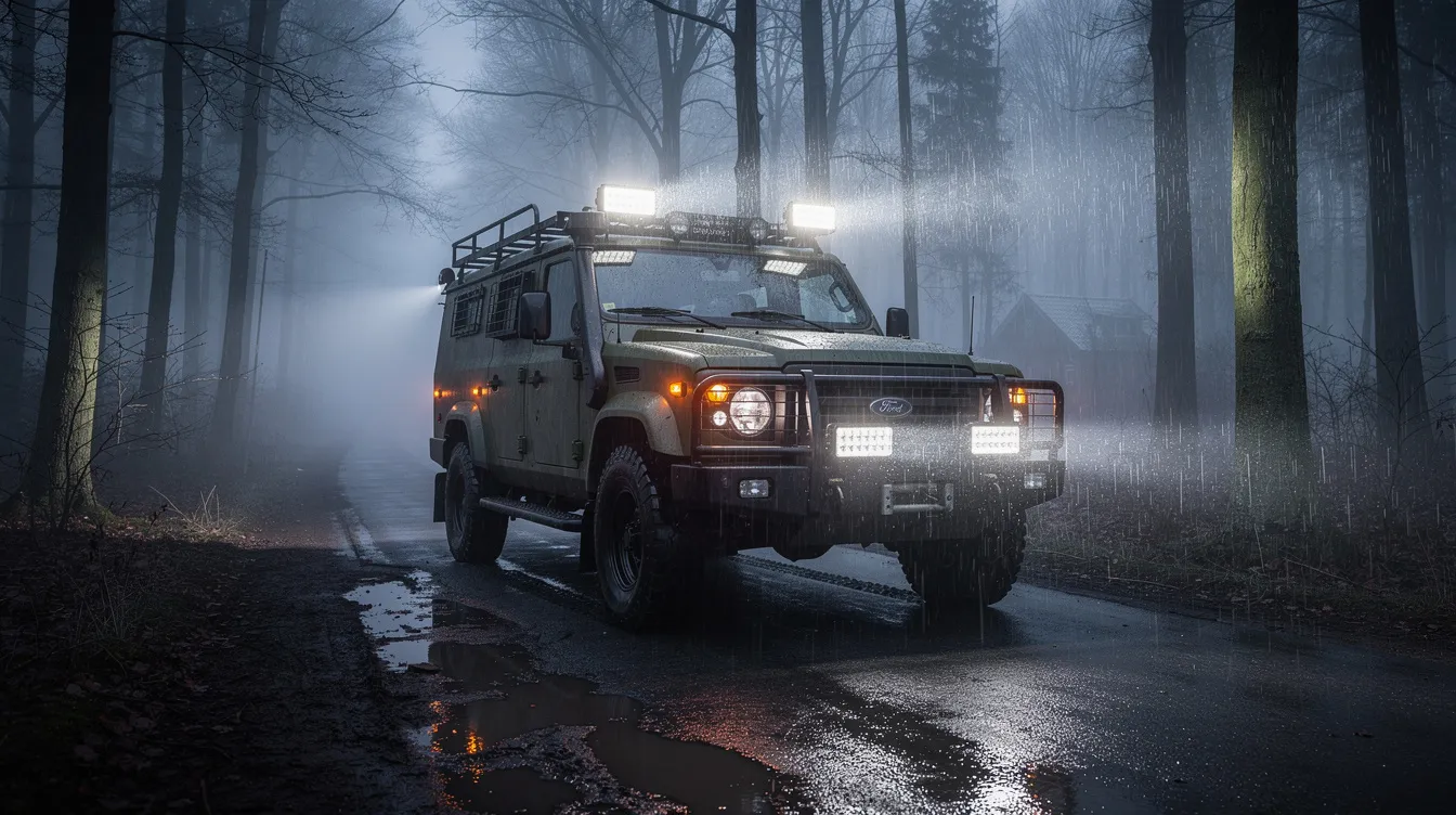 LED arbejdslys monteret på militært 4x4 køretøj til Hjemmeværnet – IP69K vandtæt belysning med 10.000+ lumen til sikker beredskabsdrift i dansk vintervejr